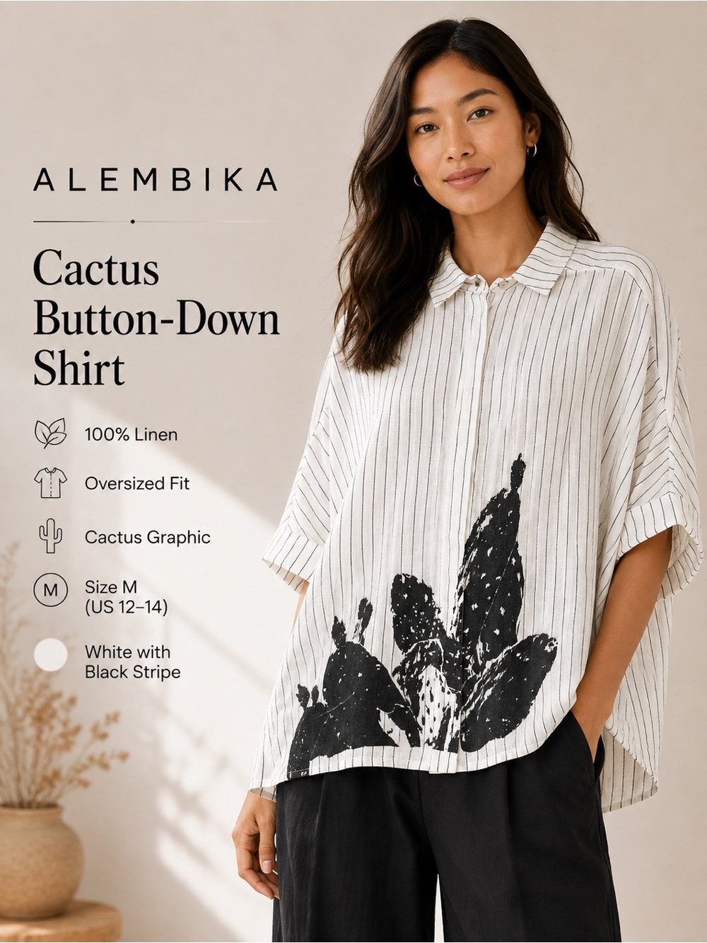 Alembika Cactus Button-Down Shirt 100% Linen White Black Size M (12-14)